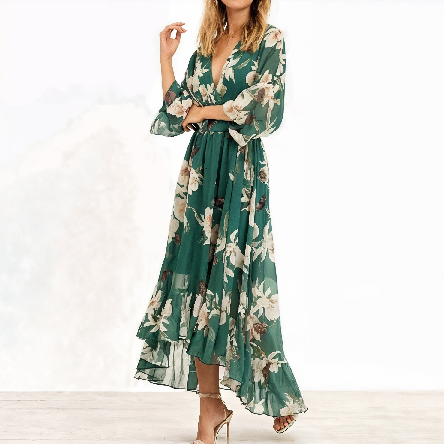 Maxi Klänning Dam V-ringning 3/4 Ärmar Polyester Lång Klänning