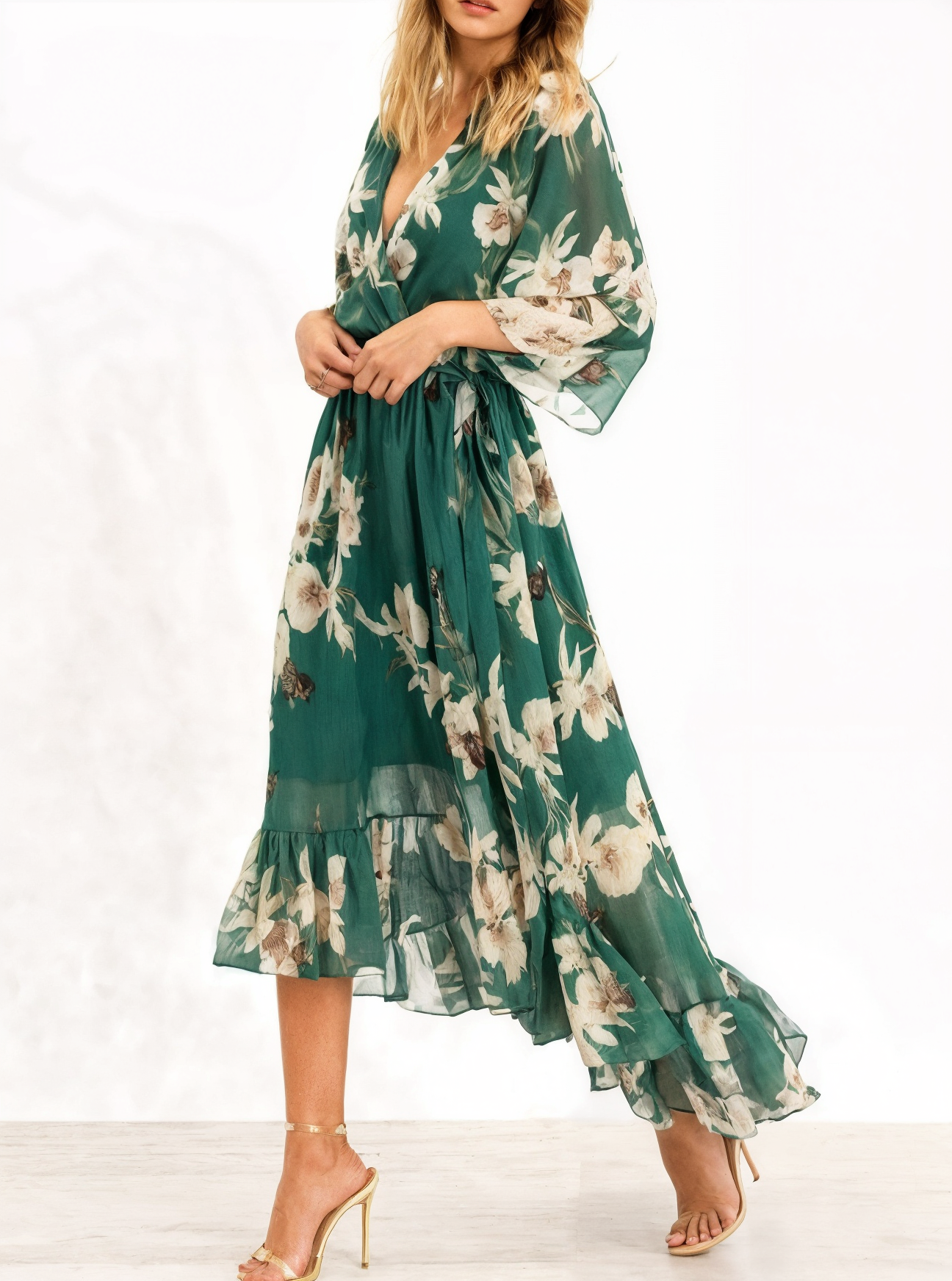 Maxi Klänning Dam V-ringning 3/4 Ärmar Polyester Lång Klänning