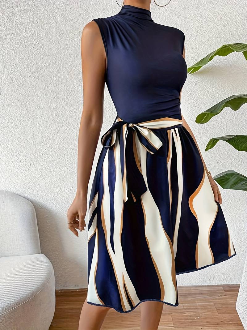 Damklänning i Lapptäcksstil med Bälte och Mönster - 100% Bomull-4