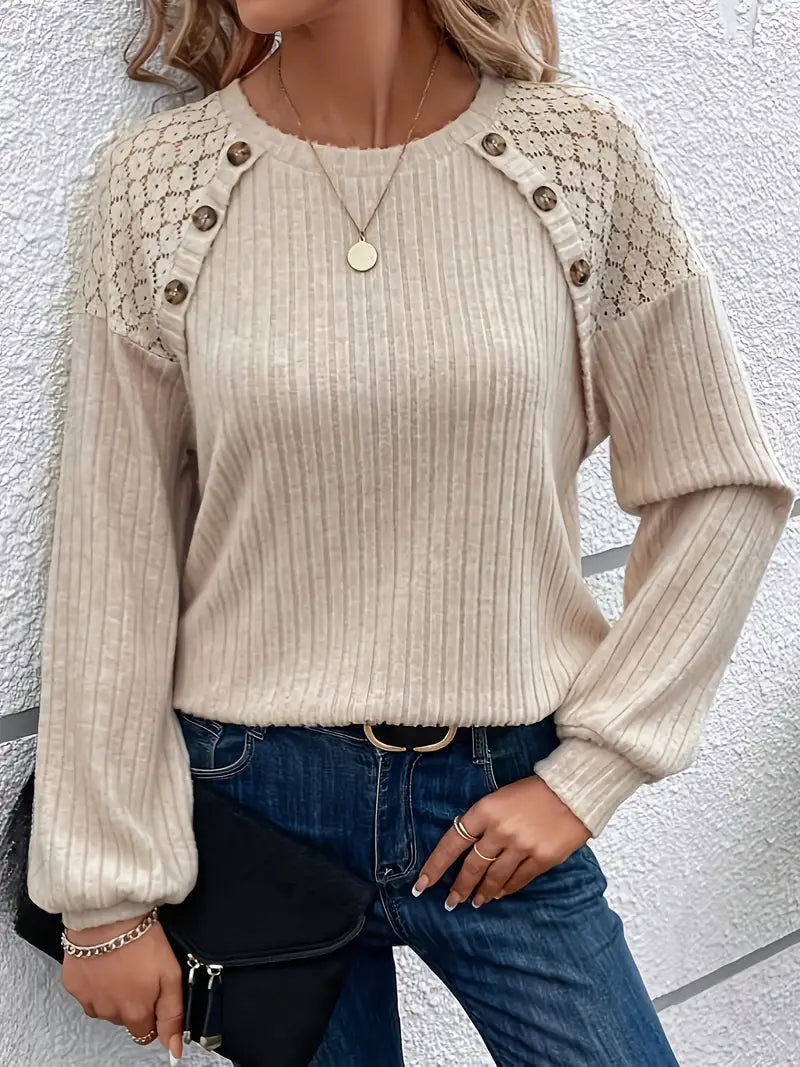 Dam Långärmad T-shirt Rund Halsringning Mjuk Bomullsmix-4