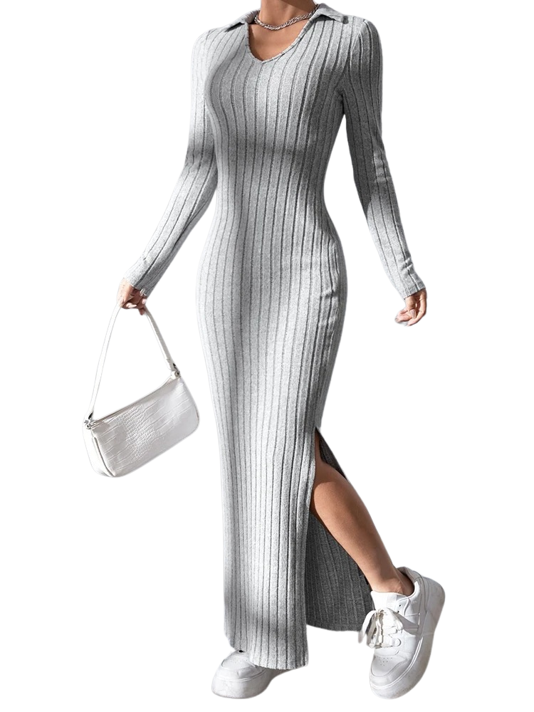 Stickad klänning med V-ringning och helärm för kvinnor