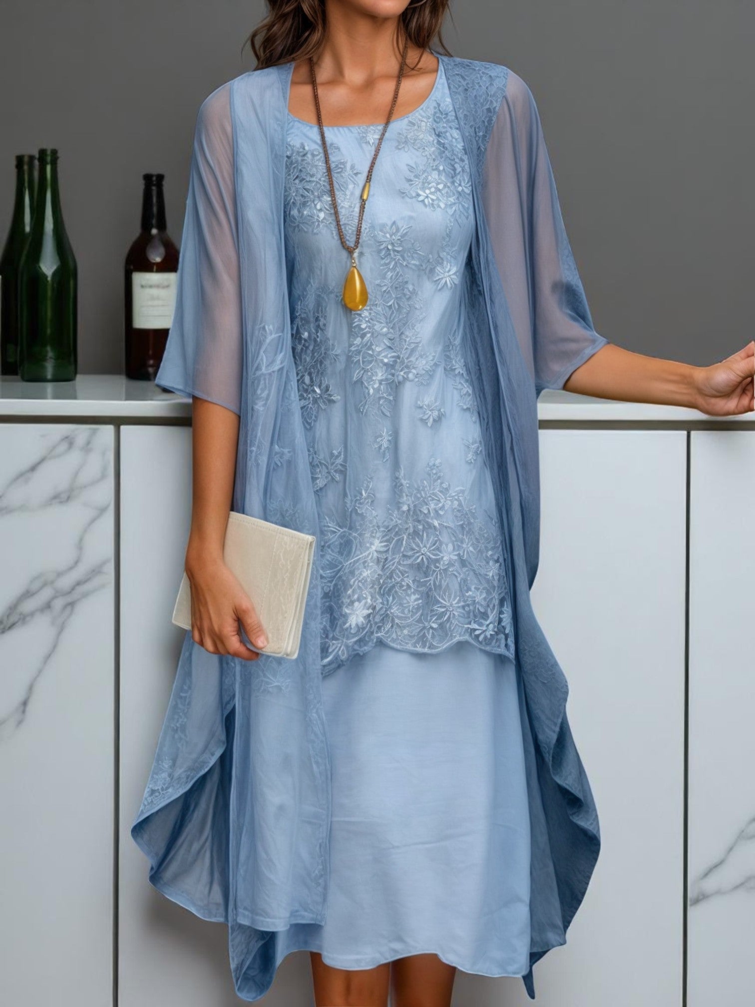 Våren Lady Klänning | Elegant Tvådelsset | Broderad Detalj | Lätt och Bekväm Passform