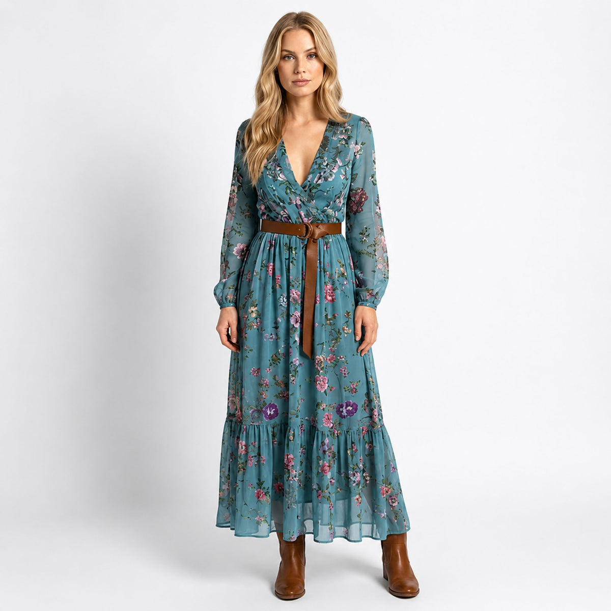 Kvinna Maxiklänning V- Ausschnitt Boho Stil