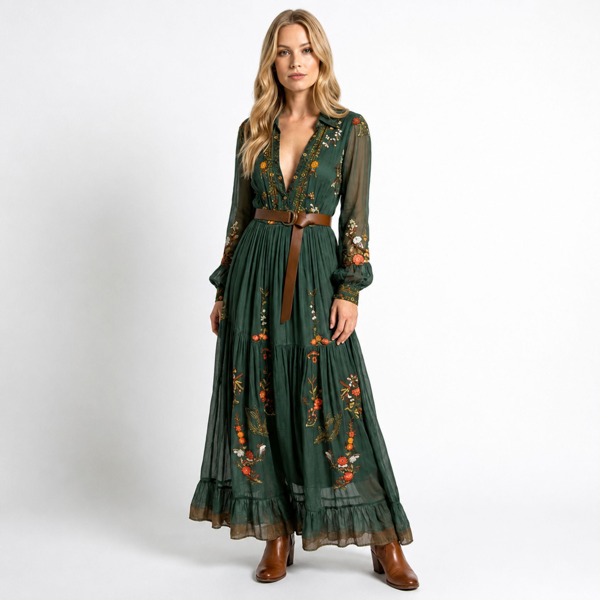 Kvinna Maxiklänning V- Ausschnitt Boho Stil