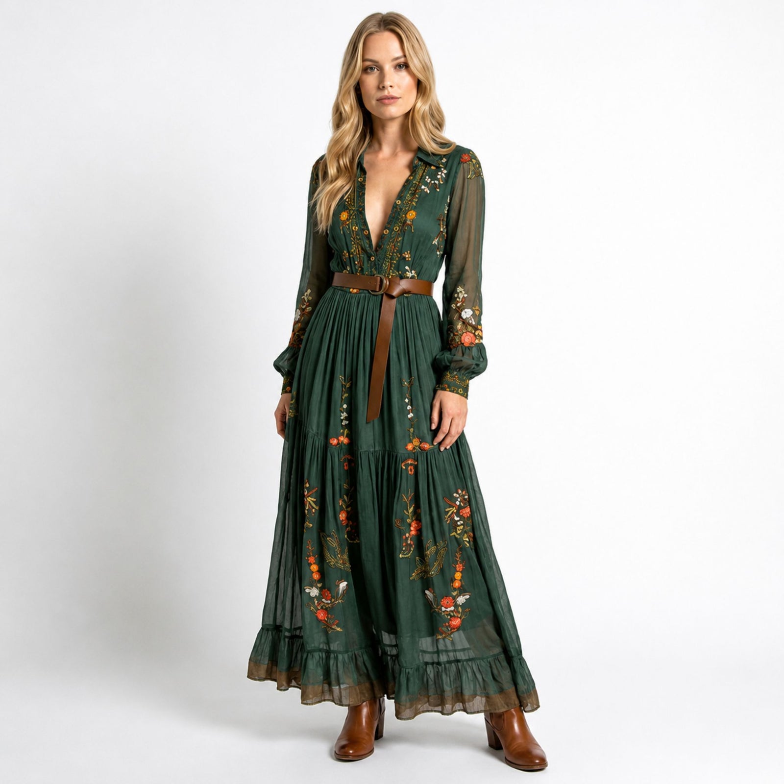 Kvinna Maxiklänning V- Ausschnitt Boho Stil
