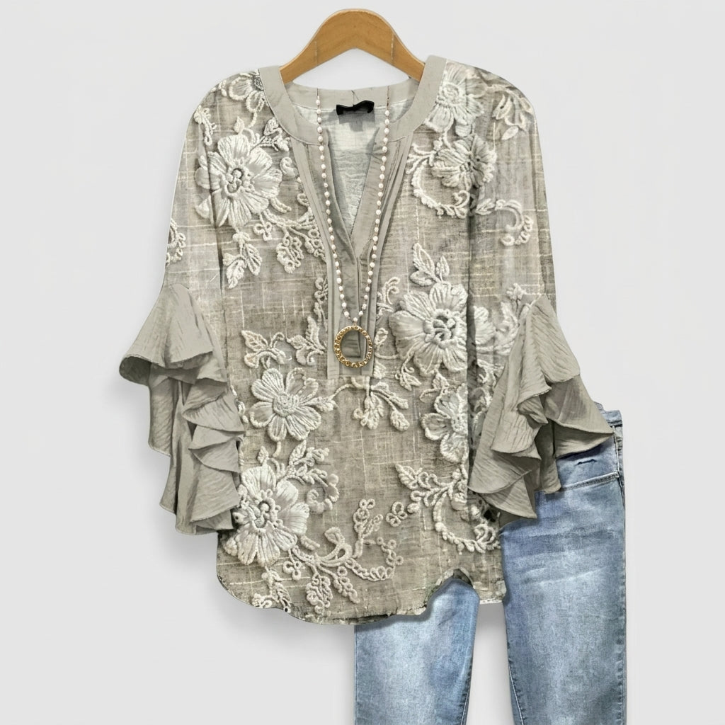 Kvinnors Blus Blommönster med Volangärmar