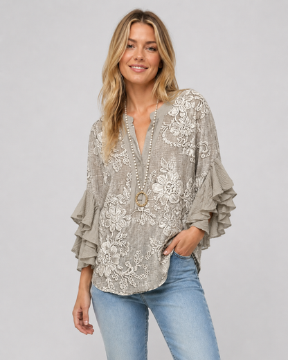 Kvinnors Blus Blommönster med Volangärmar