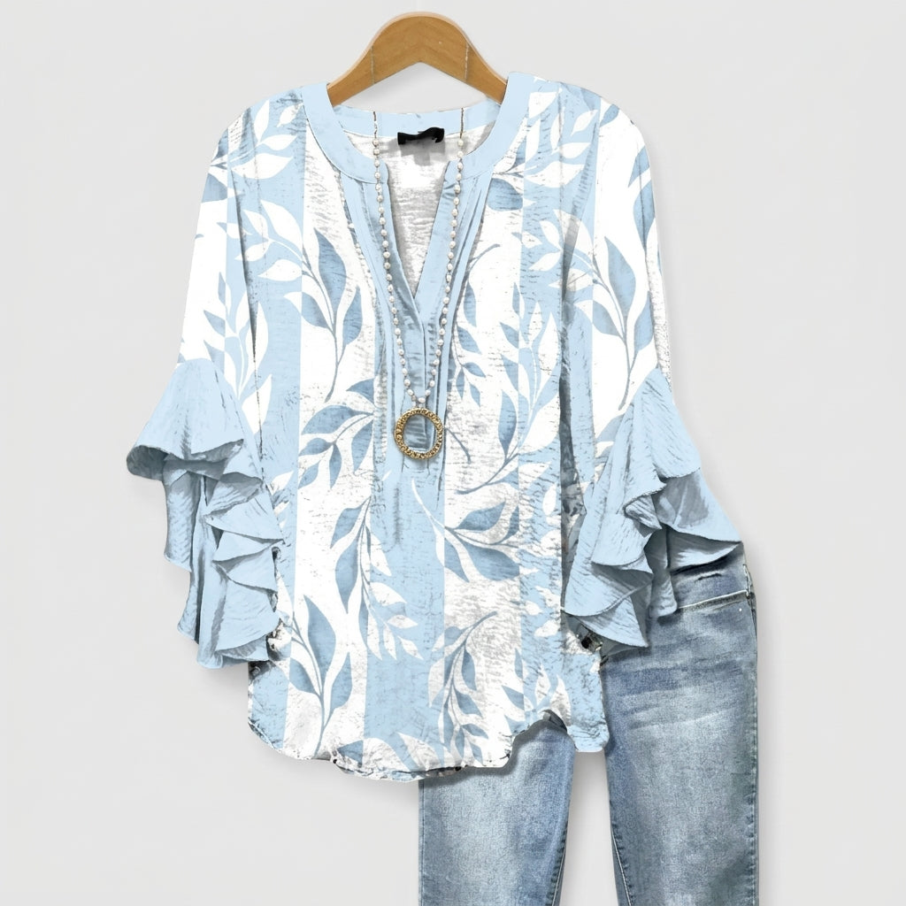 Kvinnors Blus Blommönster med Volangärmar