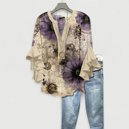 Kvinnors Blus Blommönster med Volangärmar