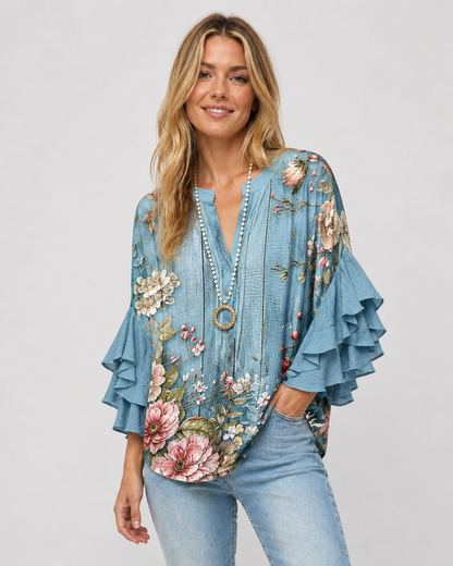 Kvinnors Blus Blommönster med Volangärmar