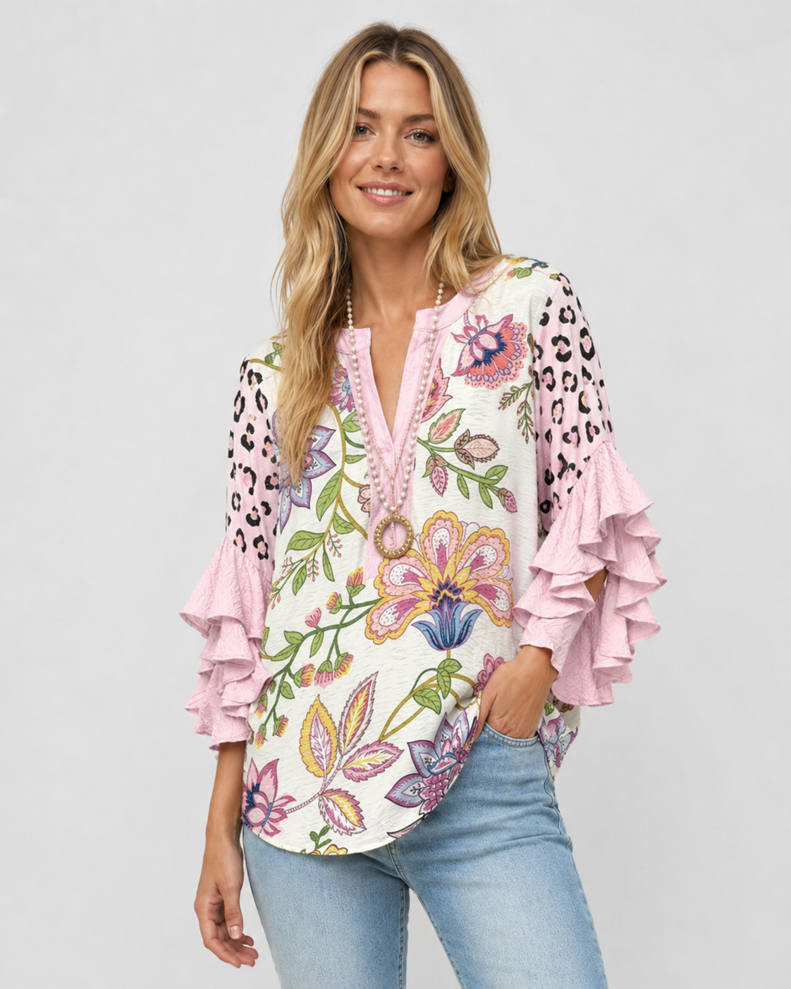 Kvinnors Blus Blommönster med Volangärmar