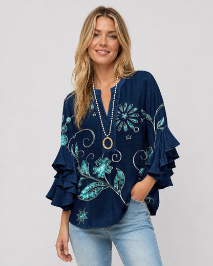 Kvinnors Blus Blommönster med Volangärmar