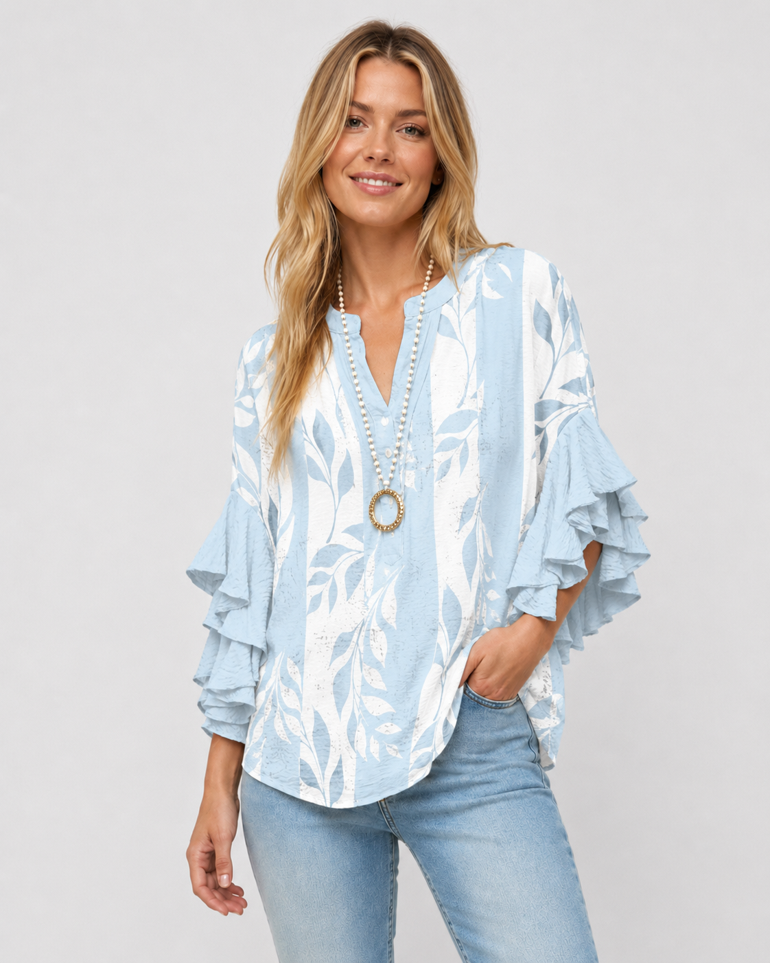 Kvinnors Blus Blommönster med Volangärmar
