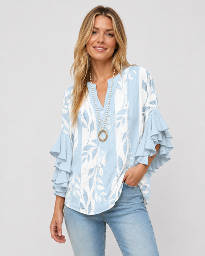 Kvinnors Blus Blommönster med Volangärmar