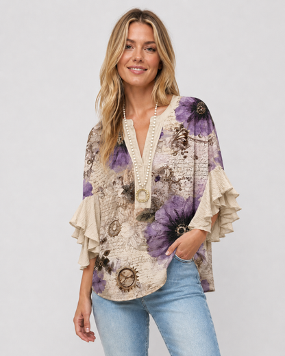 Kvinnors Blus Blommönster med Volangärmar