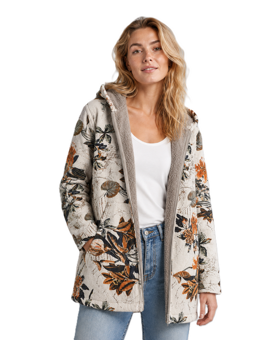 Kvinnors Fleecejacka med Huva och Blommig Design