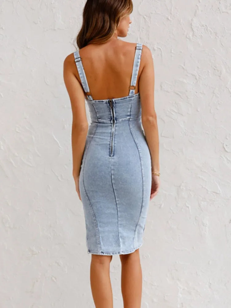 Dam Lång Jeansklänning Justerbara Remmar Denim-6