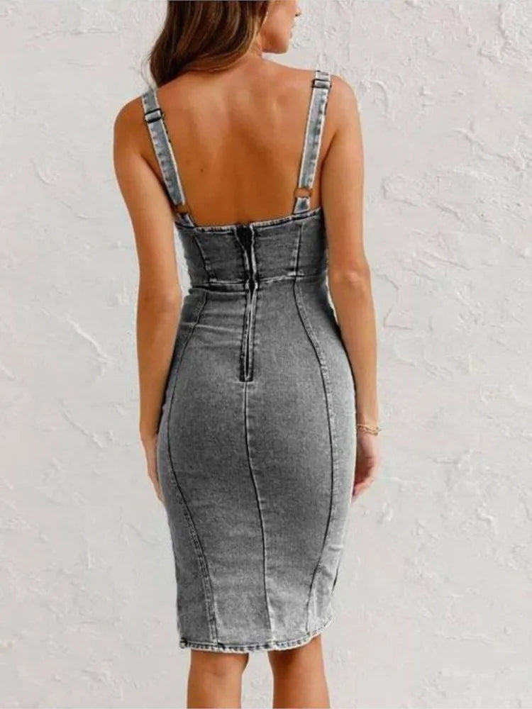 Dam Lång Jeansklänning Justerbara Remmar Denim-2