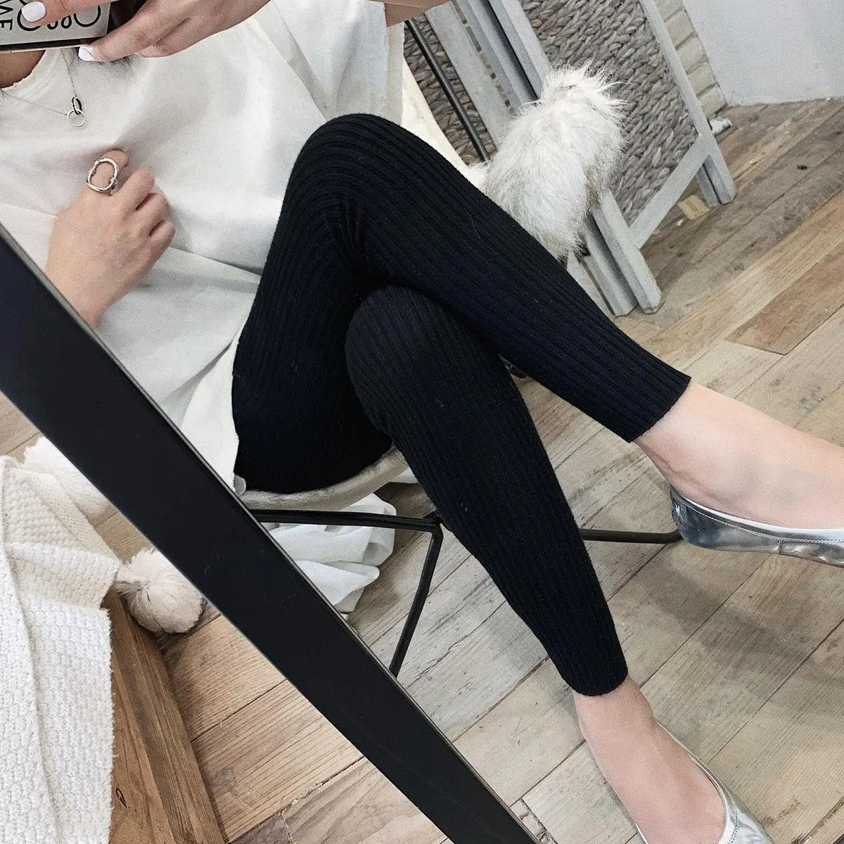 Stickade ribbade leggings med hög midja för kvinnor