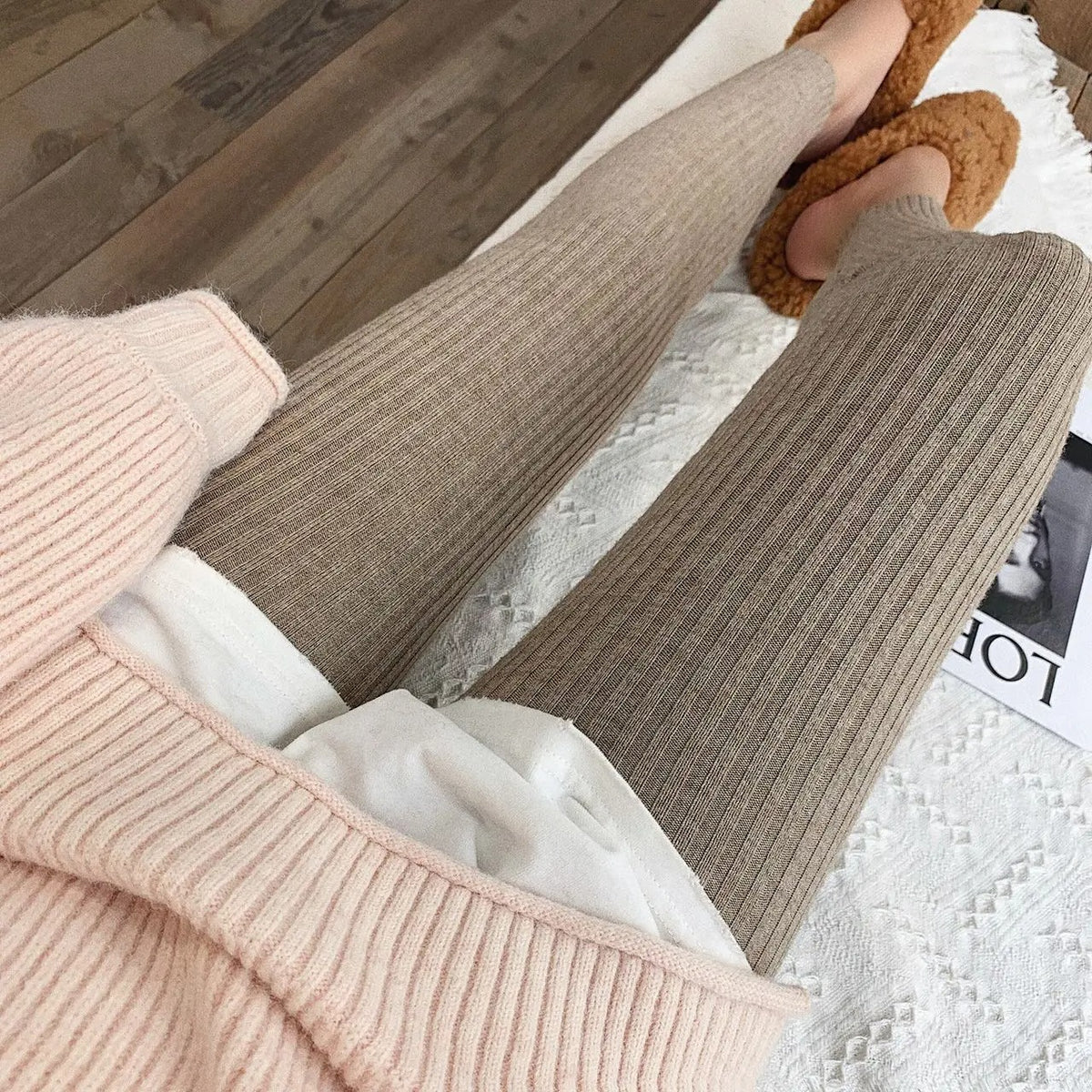 Stickade ribbade leggings med hög midja för kvinnor