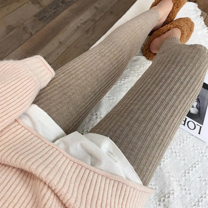 Stickade ribbade leggings med hög midja för kvinnor