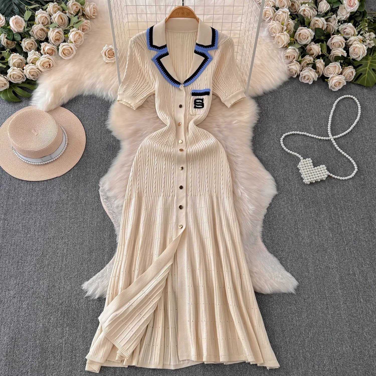 Stickad lång skjortklänning för kvinnor