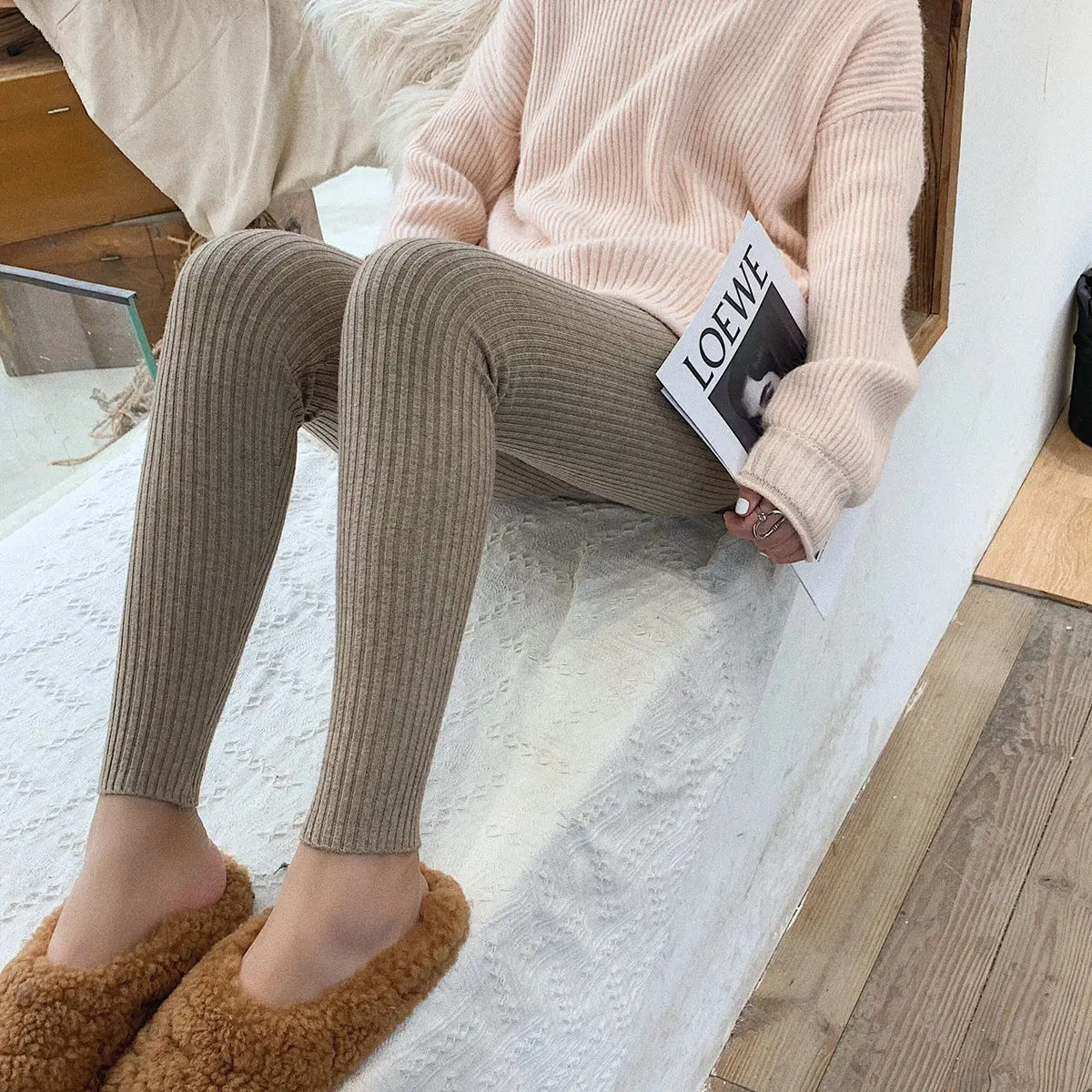 Stickade ribbade leggings med hög midja för kvinnor