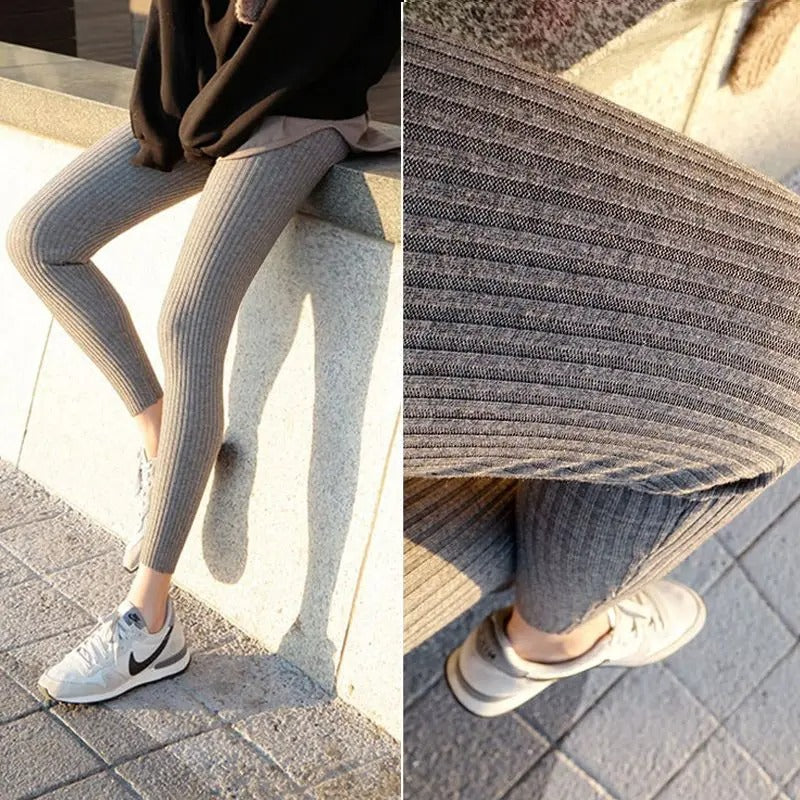 Stickade ribbade leggings med hög midja för kvinnor