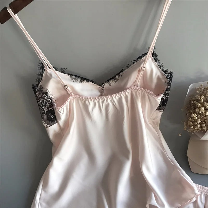 V-Neck Satin Sleepwear Set för kvinnor