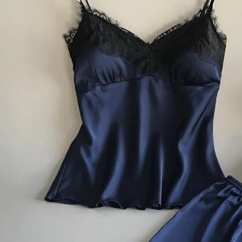 V-Neck Satin Sleepwear Set för kvinnor