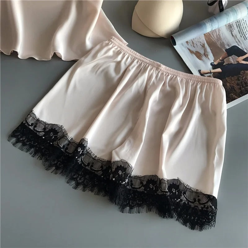V-Neck Satin Sleepwear Set för kvinnor