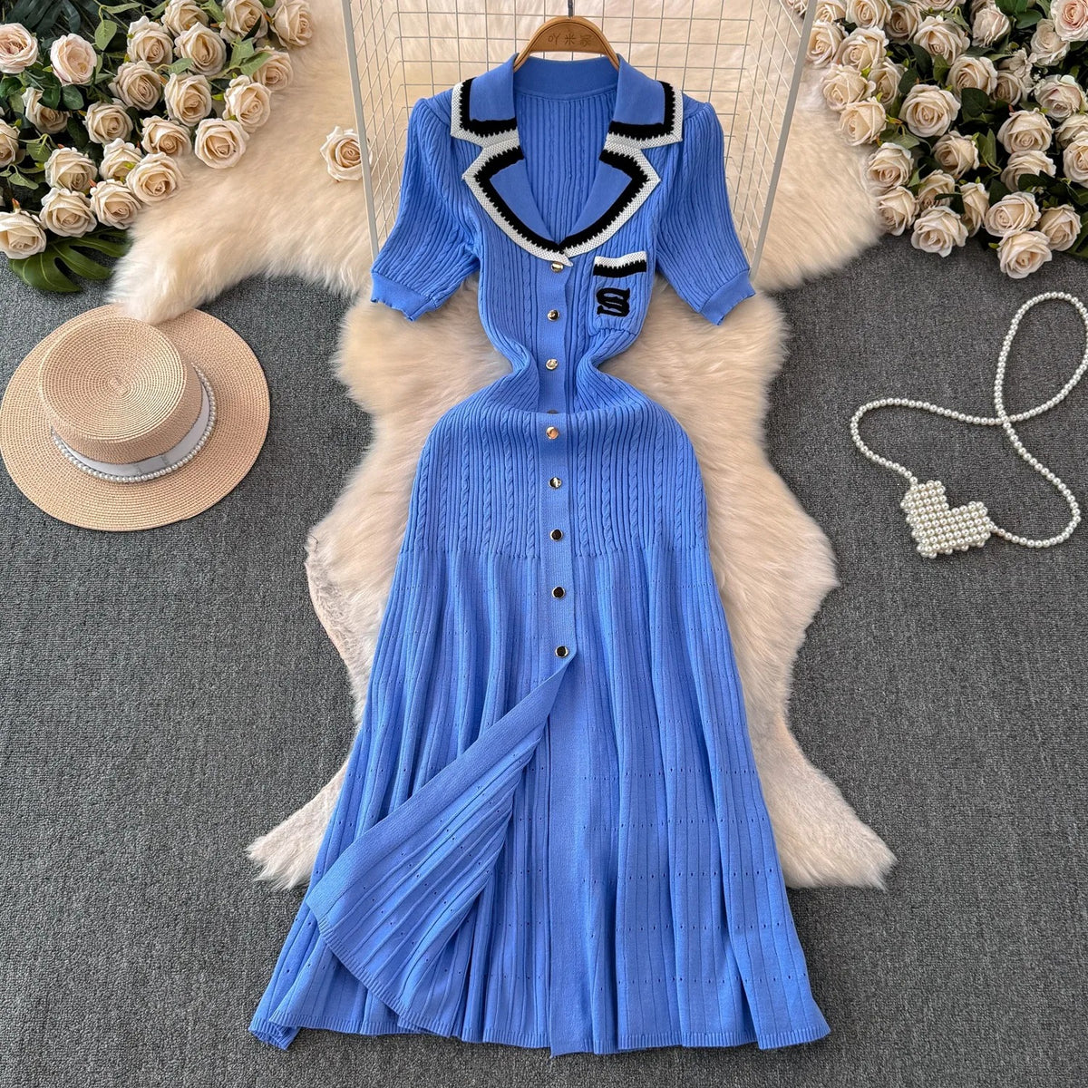 Stickad lång skjortklänning för kvinnor