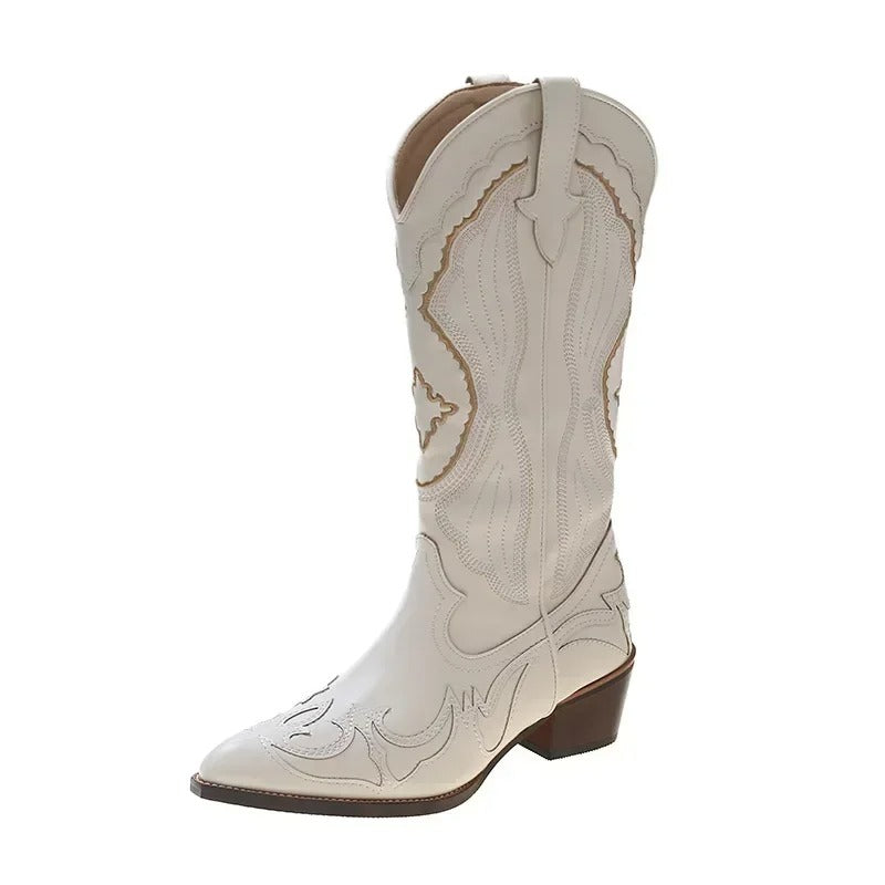 Broderade mid calf-stövlar för kvinnor