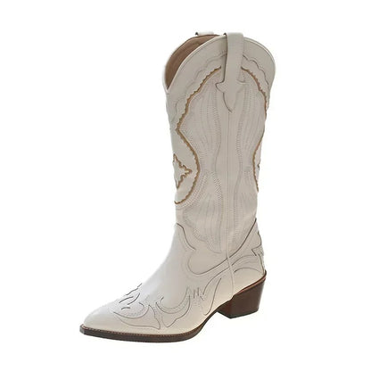 Broderade mid calf-stövlar för kvinnor