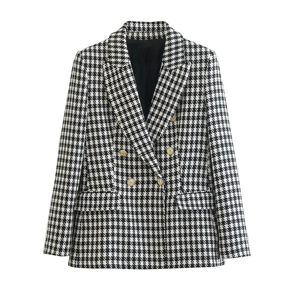 Dubbelknäppt Houndstooth Blazer för kvinnor