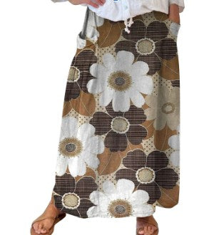 Kvinna Linne-stil Kjol med Retro Prickar och Fickor