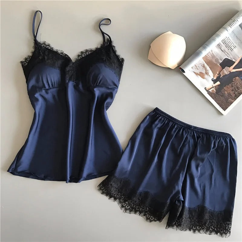 V-Neck Satin-stil Sleepwear Set för kvinnor