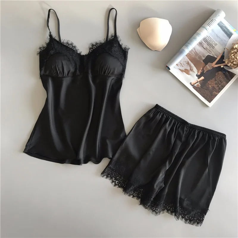 V-Neck Satin Sleepwear Set för kvinnor