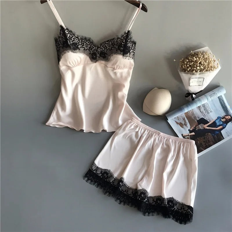 V-Neck Satin-stil Sleepwear Set för kvinnor