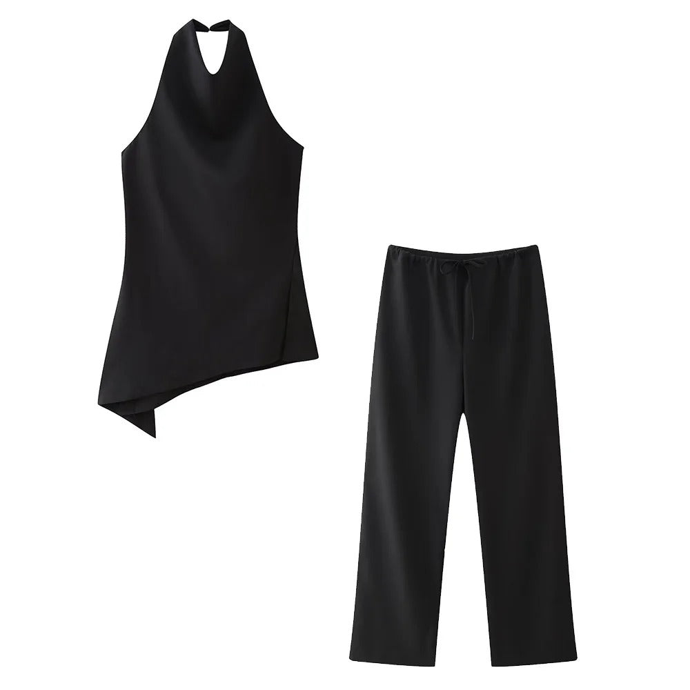Set med topp med halterneck och raka byxor för kvinnor