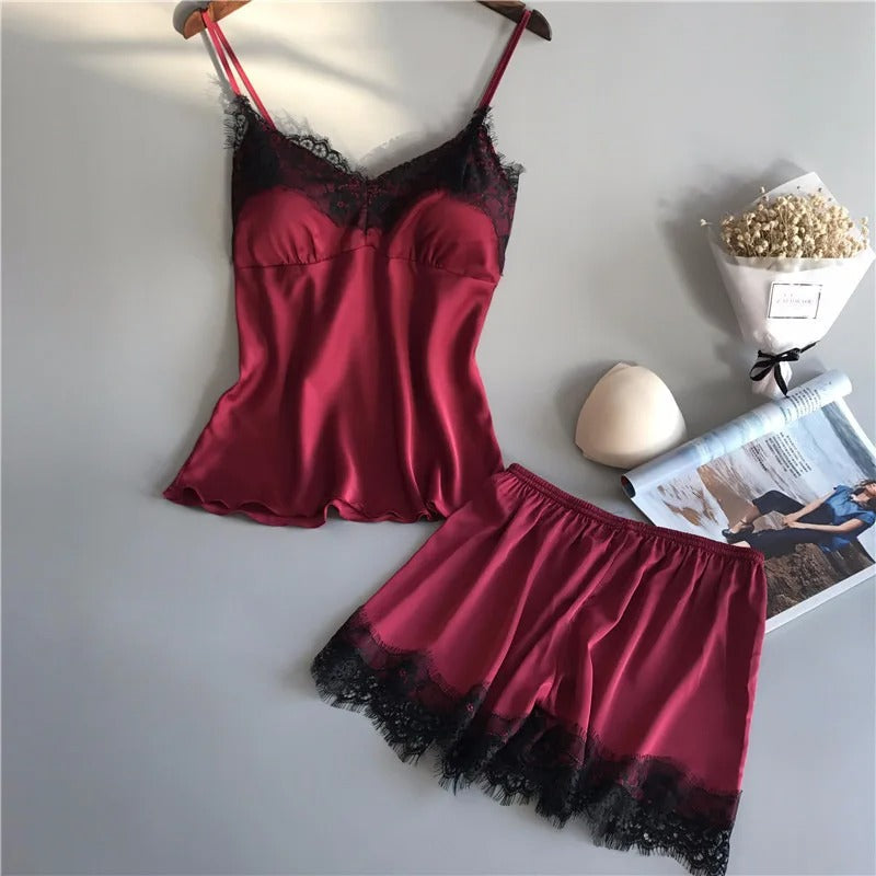 V-Neck Satin Sleepwear Set för kvinnor