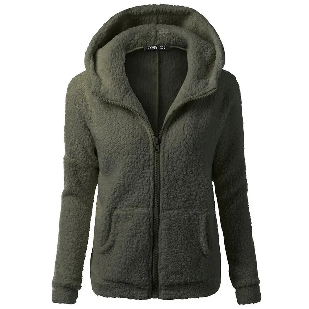 Fleece vinterjacka med huva för kvinnor