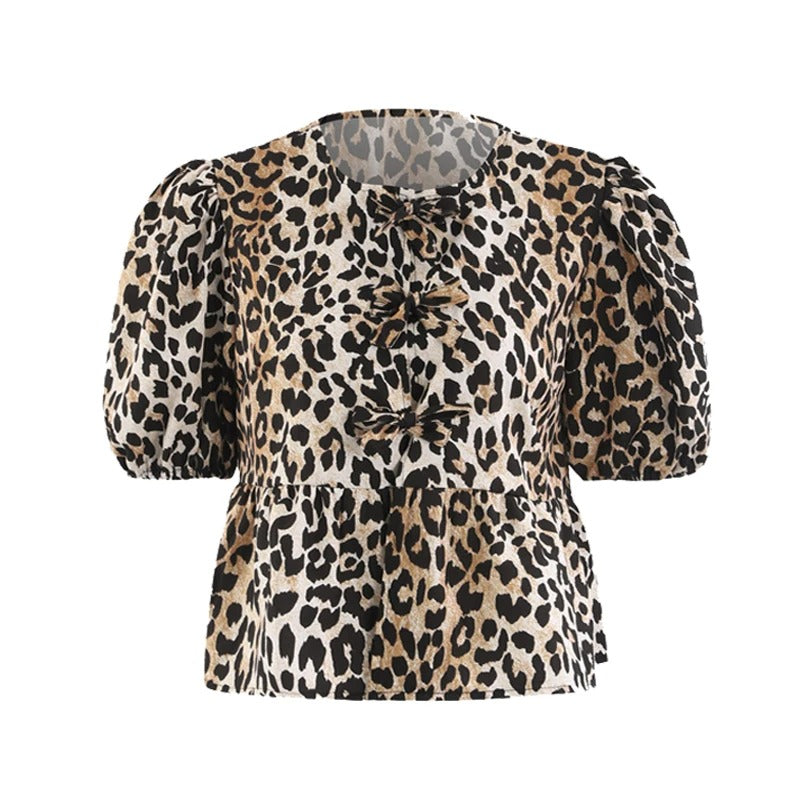 Leopardmönstrat blus med puffärm