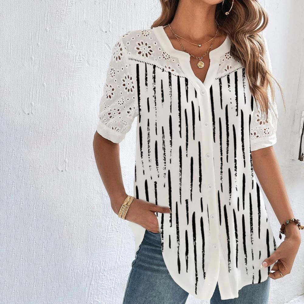 Vit Dam Blus Lekfullt Tryck Polyester Normal Passform 6