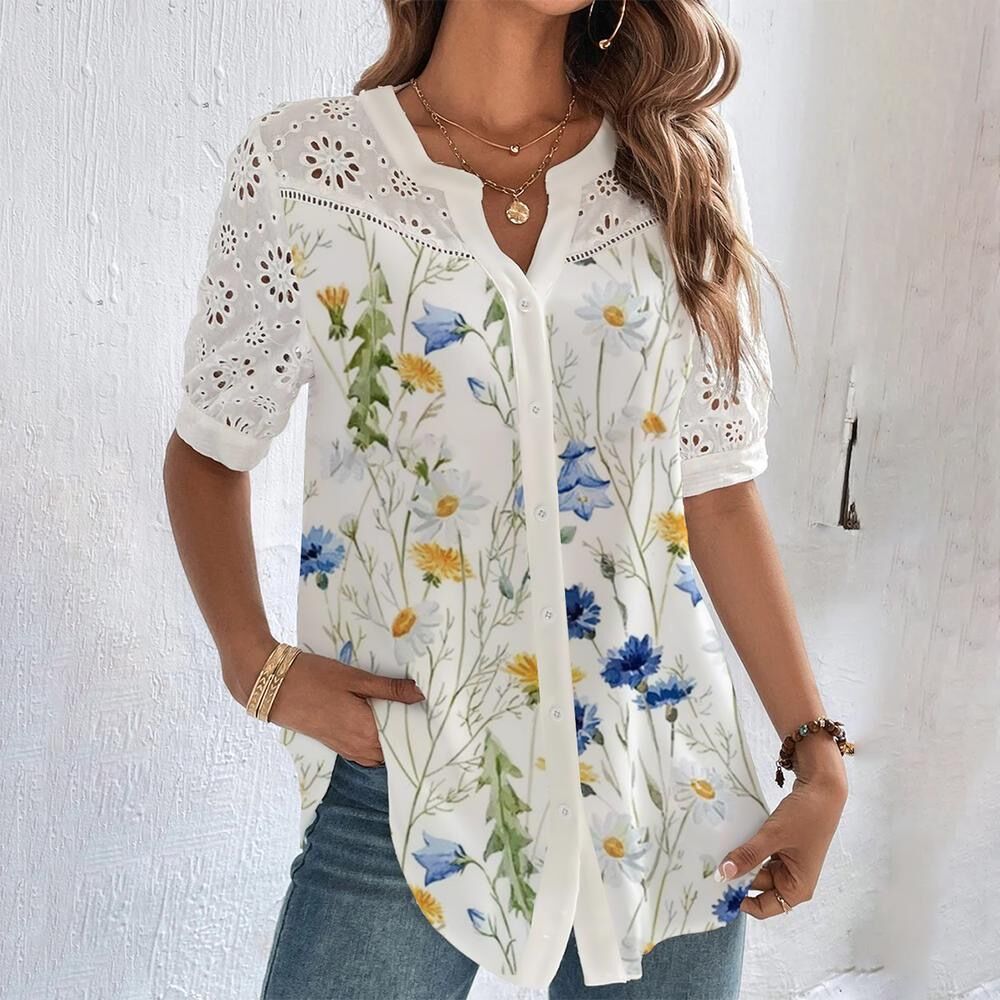 Vit Dam Blus Lekfullt Tryck Polyester Normal Passform 2