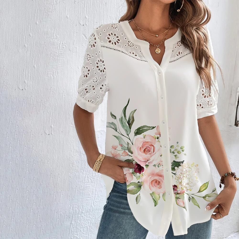 Vit Dam Blus Lekfullt Tryck Polyester Normal Passform 5