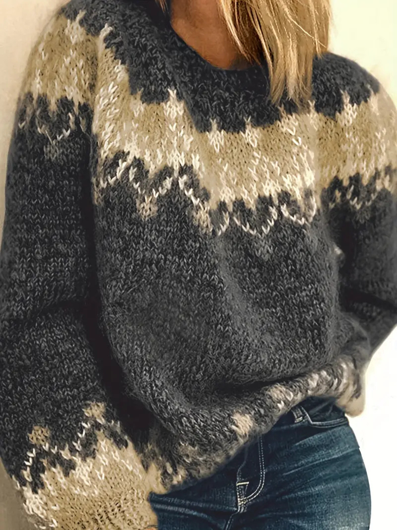 Stickad pullover med jacquardtryck för damer