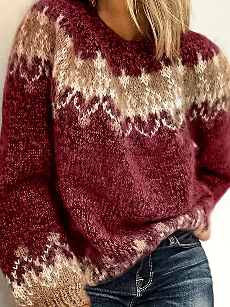 Stickad pullover med jacquardtryck för damer