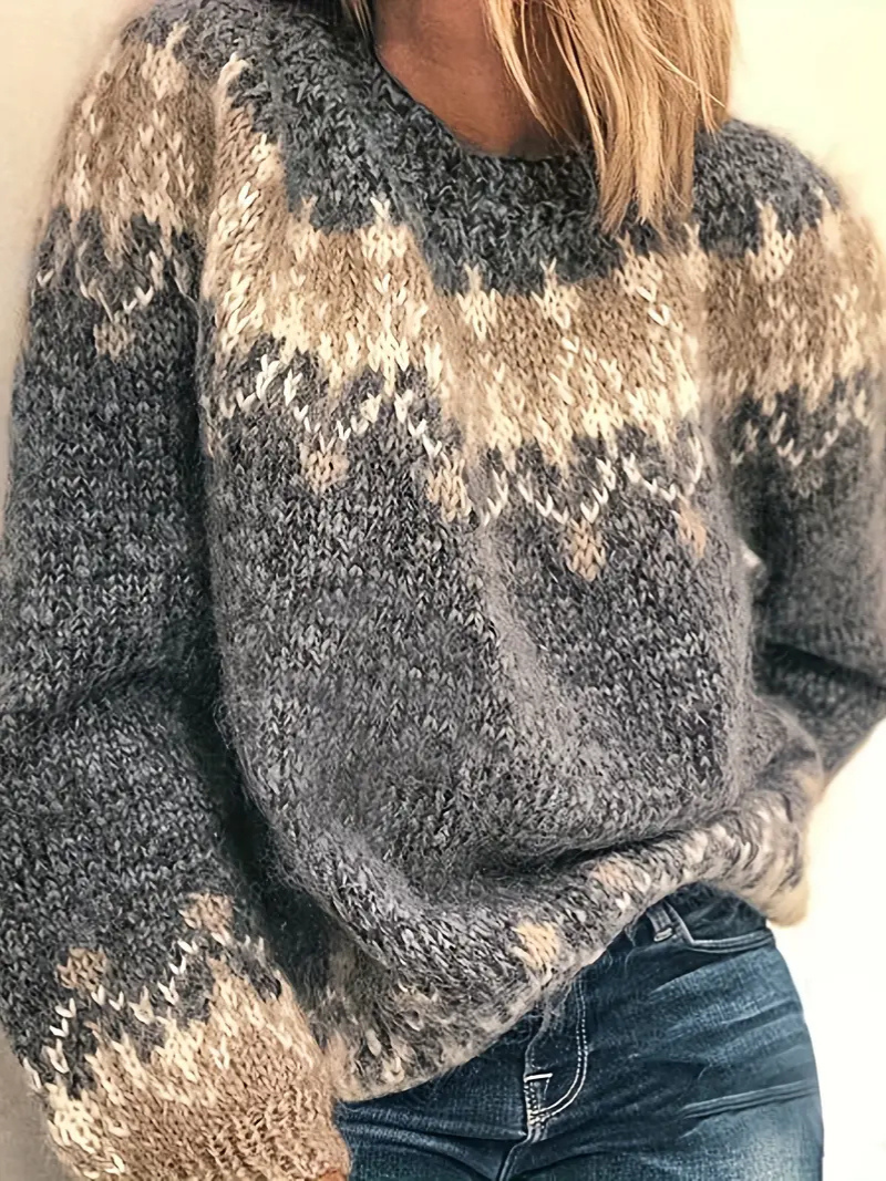 Stickad pullover med jacquardtryck för damer