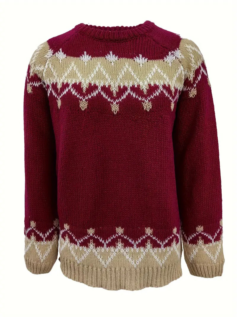 Stickad pullover med jacquardtryck för damer